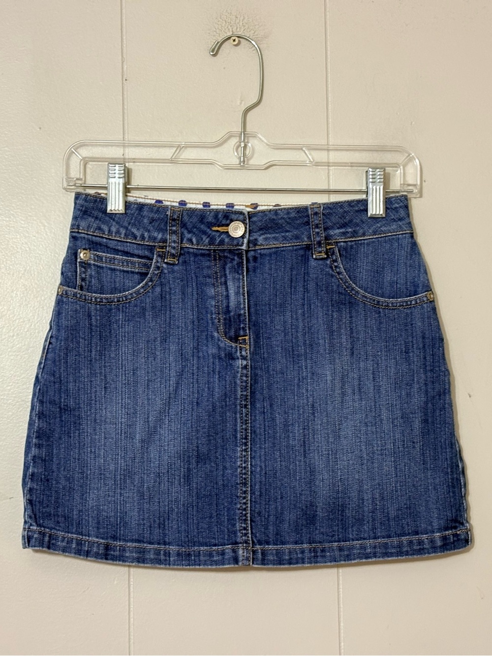 Mini Boden Girls Denim Mini Skirt 11-12Y Blue Jean Heart Pockets Adjustable